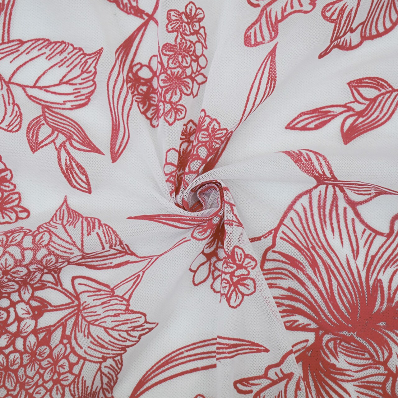 White-Red Nylon Floral Printed Tulle Mesh Knit Fabric By the Yard